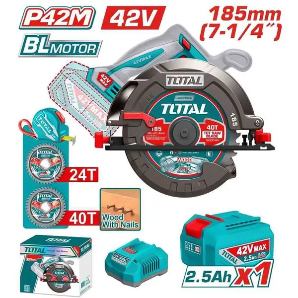 185mm Máy cưa đĩa dùng pin 42V Total TSLI4218511 (1 Pin 2.5Ah, 1 Sạc)