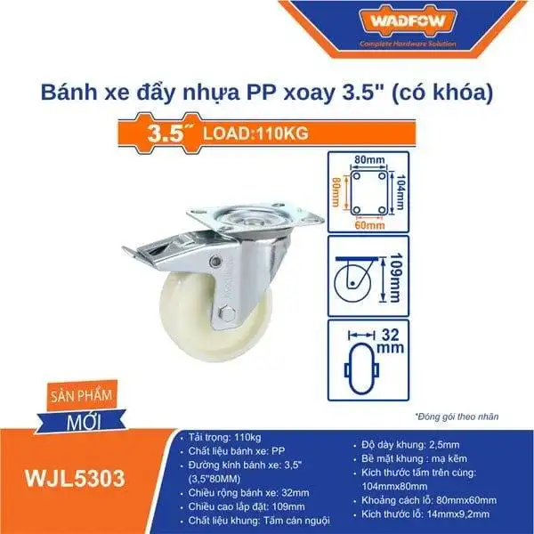 Bánh xe đẩy nhựa PP xoay 3.5 inch (có khóa) WADFOW WJL5303