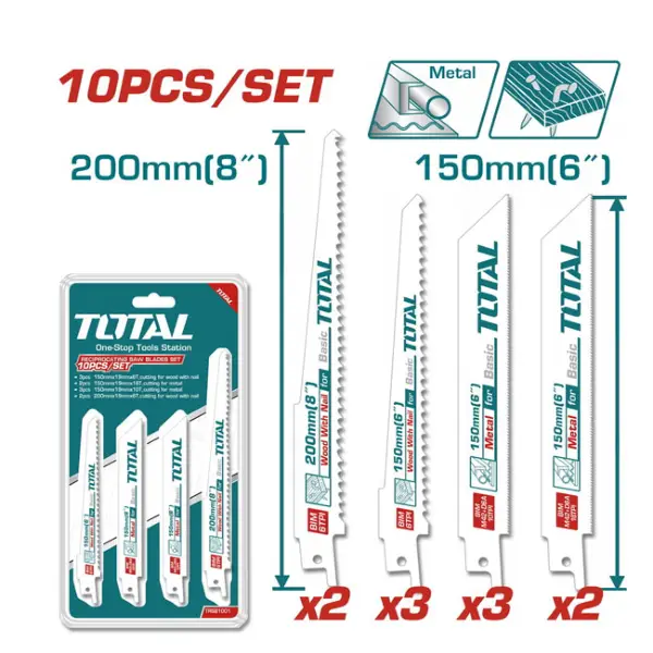 Bộ 10 lưỡi cưa kiếm cắt gỗ có đinh và kim loại Total TRSB1001