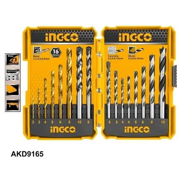 Bộ 16 Mũi Khoan Kim Loại, Bê Tông Và Gỗ AKD9165 INGCO