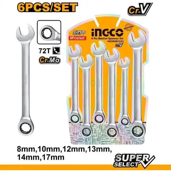 Bộ 6 Cờ Lê Miệng Vòng Tự Động (8-17Mm) HKSPAR1062 INGCO