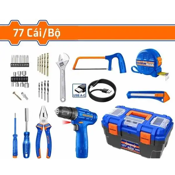 Bộ 77 món dụng cụ cầm tay kèm Máy khoan dùng pin 12V (WCDS510） WADFOW - WDT1B77