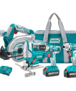 Bộ combo 4 máy gồm cưa đĩa tròn TSLI1401, cưa lọng TJSLI6508, siết vít TIRLI2017 và khoan TDLI20051 dùng pin 20V TCKLI20104 TOTAL