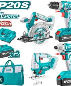 Bộ combo 4 máy gồm cưa đĩa trònTSLI1401, cưa lọng TJSLI8501, siết vít TIRLI2002 và khoan TDLI20024 dùng pin 20V TCKLI2010 TOTAL