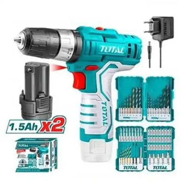 Bộ combo gồm máy khoan pin TIDLI12201 12V, 45 tuavít, 16 mũi khoan TOSLI23022 TOTAL