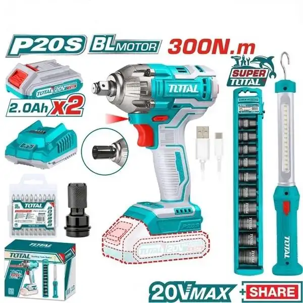 Bộ combo máy siết bu lông không chổi than TIWLI2038 & đèn làm việc TWLI35261 dùng pin 20V TOSLI231004 TOTAL