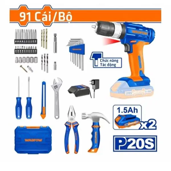 Bộ máy khoan dùng pin 20V WCDP522 và 91 món dụng cụ Wadfow WDT1B90