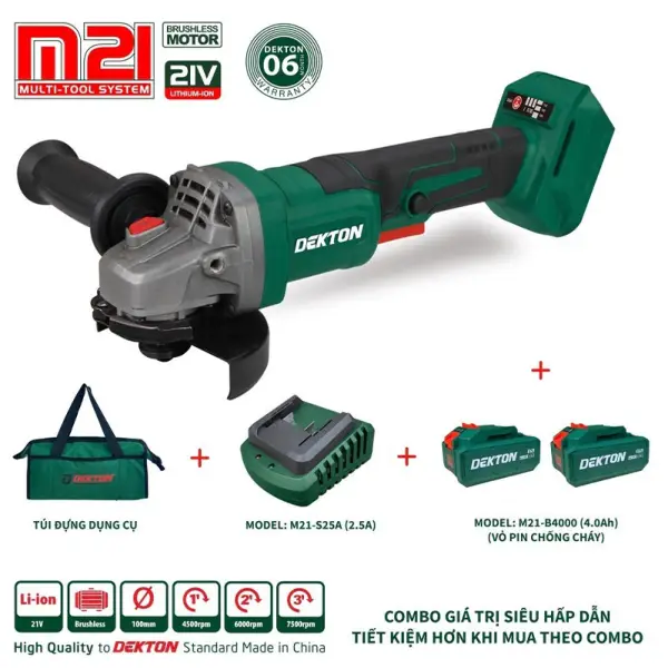 Bộ máy Mài Góc Dùng Pin 21V Dekton M21-AG100BT (2 Pin 4.0Ah, 1 Sạc)