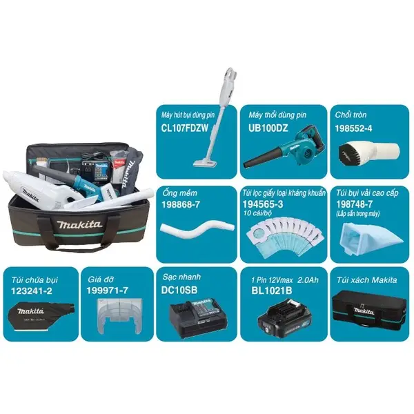 Bộ sản phẩm (cl107fdzw+ub100dz+bl1021bmm1+dc10sb+túi đựng) (12v max) CLX246SAX2 Makita
