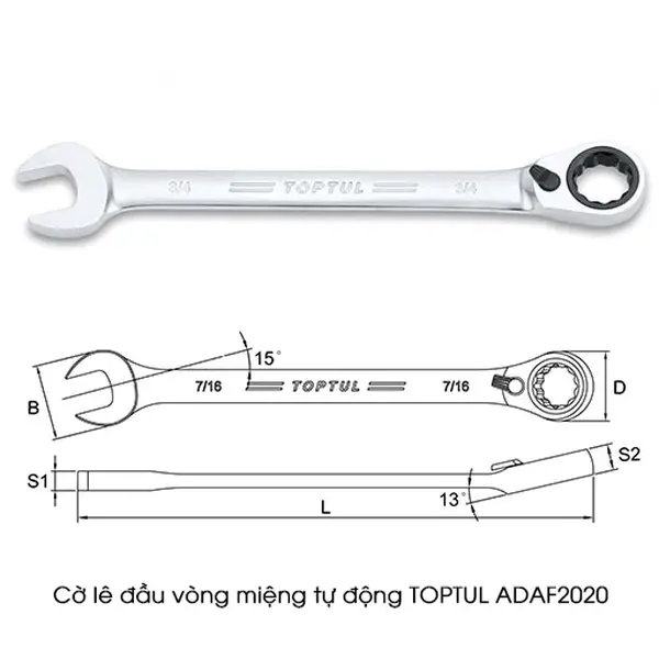 Cờ lê vòng miệng tự động 15 Độ TOPTUL ADAF2020