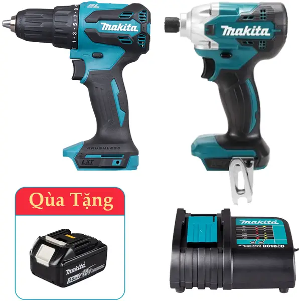 Combo Makita New 3 - Máy khoan DHP490 + Máy vặn vít DTD156 + Sạc tiêu chuẩn Tặng 1 Pin 3.0Ah