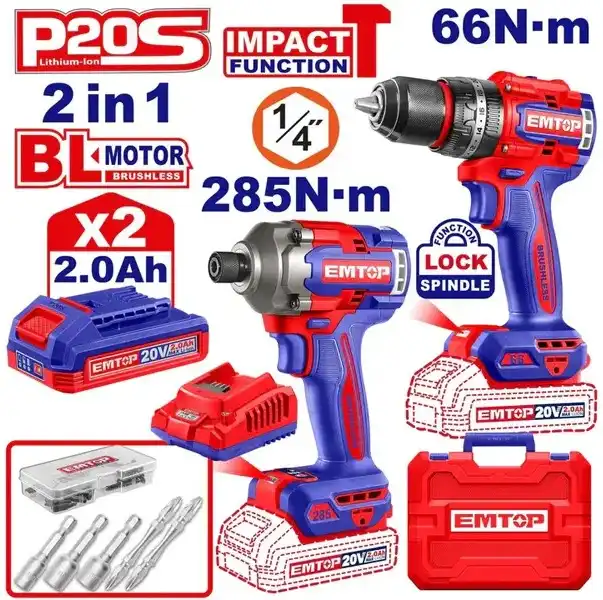 Combo máy khoan và máy vặn vít dùng pin 20V EMTOP ECKL20277
