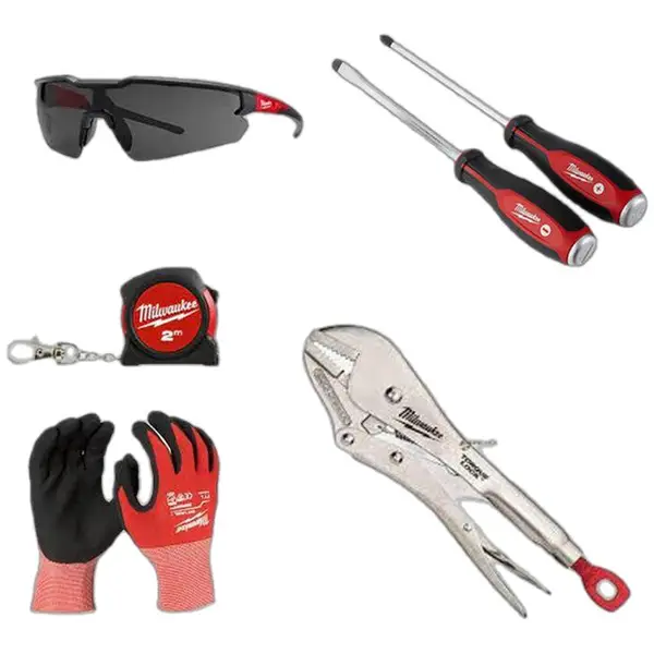 COMBO MILWAUKEE - BỘ 2 TUA VÍT + Kìm BẤM CHẾT + KÍNH BẢO HỘ + GĂNG TAY + THƯỚC CUỘN 2M