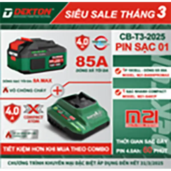 Combo Pin Sạc 21V Dekton 1 Pin 4.0Ah & 1 Sạc nhanh 4A (M21-B4085PR0MAX+M21-S40CP)