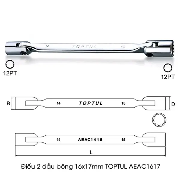 Điếu 2 đầu bông 16x17mm TOPTUL AEAC1617