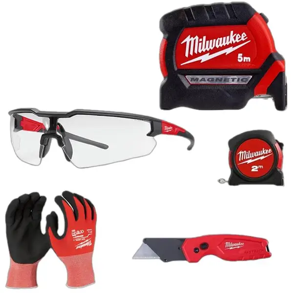 HOT COMBO MILWAUKEE - THƯỚC 5M + THƯỚC 2M + KÍNH BẢO HỘ + GĂNG TAY CHỐNG CẮT + DAO GẤP