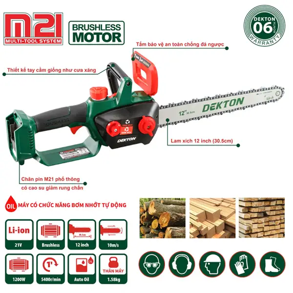 Máy cưa xích 12 inch dùng pin 21V Dekton M21-CS12BLC (Chưa pin & sạc)
