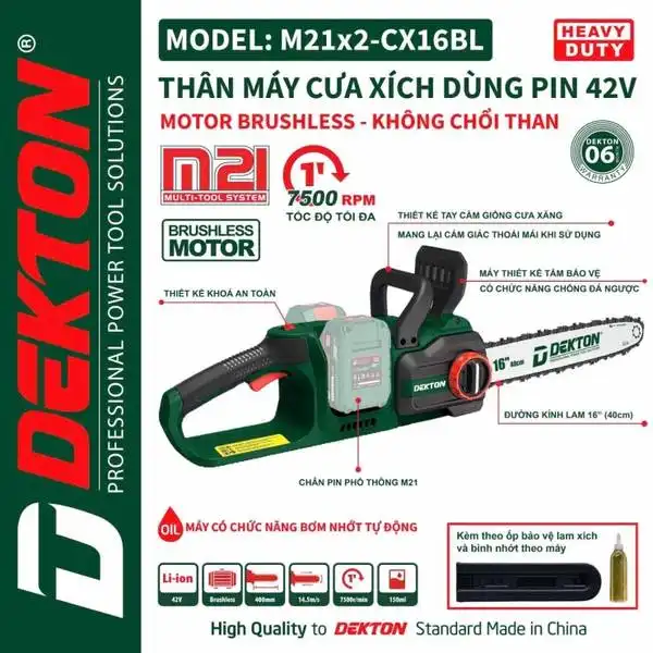 Máy cưa xích dùng 2 pin 21V Dekton M21X2-CX16BL