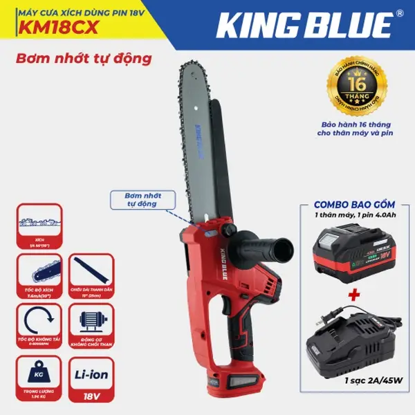Máy Cưa Xích dùng Pin 18V KM18CX (Combo Bao Gồm 1 Thân Máy, 1 Pin 18V - 4.0Ah, 1 Sạc 2A)