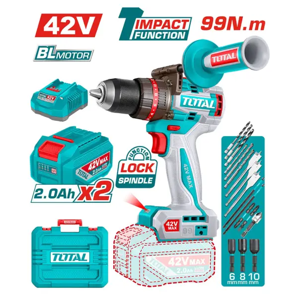 Máy khoan động lực dùng pin 42V Total TIDLI429982 (2 Pin 2.0Ah, 1 Sạc)