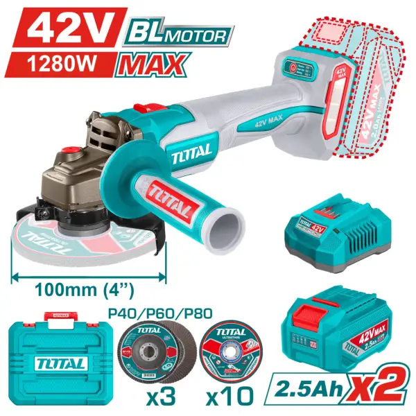 Máy mài góc dùng pin 42V Total TAGLI4128102 (2 Pin 2.5Ah, 1 Sạc)