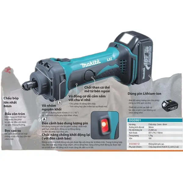 MÁY MÀI KHUÔN DÙNG PIN MAKITA DGD801Z (LOẠI MŨI NGẮN)