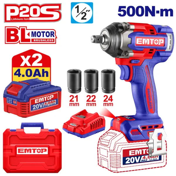 Máy siết bu lông dùng pin 20V Emtop ECIWL2050 (2 Pin 4.0Ah, 1 Sạc)