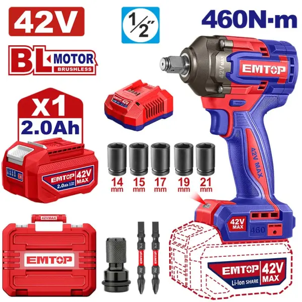 Máy siết bu lông dùng pin 42V Emtop ECIWL42461 (1 Pin 2.0Ah, 1 Sạc)
