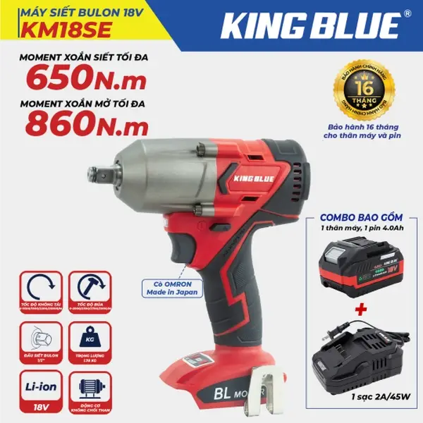 Máy Siết bu lông 18V KM18SE (Combo Bao Gồm 1 Thân Máy, 1 Pin 18V - 4.0Ah, 1 Sạc 2A)