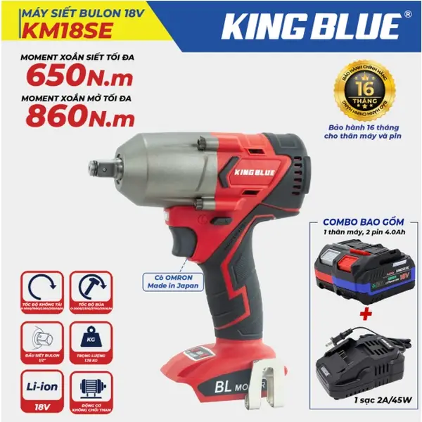 Máy Siết bu lông 18V KM18SE (Combo Bao Gồm 1 Thân Máy, 2 Pin 18V - 4.0Ah, 1 Sạc 2A)