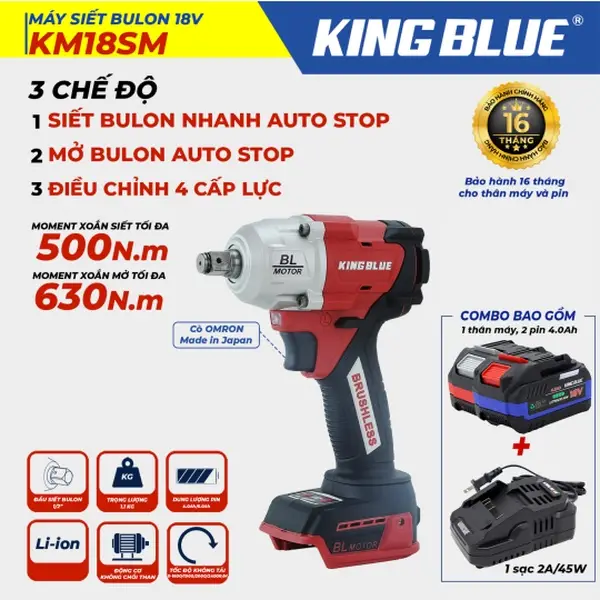Máy siết bu lông 18V KM18SM (Combo Bao Gồm 1 Thân Máy, 2 Pin 18V - 4.0Ah, 1 Sạc 2A)