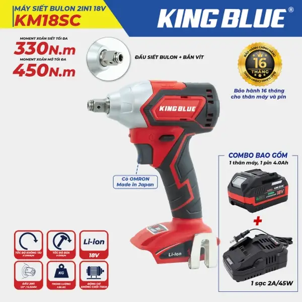 Máy Siết bu lông 2in1 18V KM18SC (Combo Bao Gồm 1 Thân Máy, 1 Pin 18V - 4.0Ah, 1 Sạc 2A)