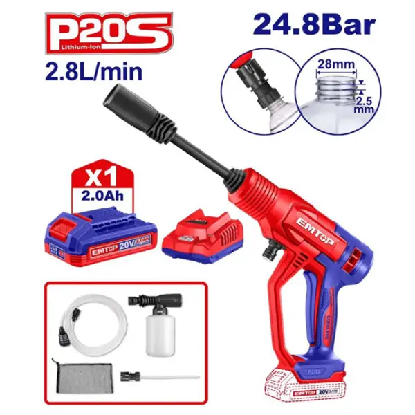 Máy xịt rửa áp lực dùng pin 20V Emtop ELPW20362 (1 Pin 2.0Ah & 1 Sạc)