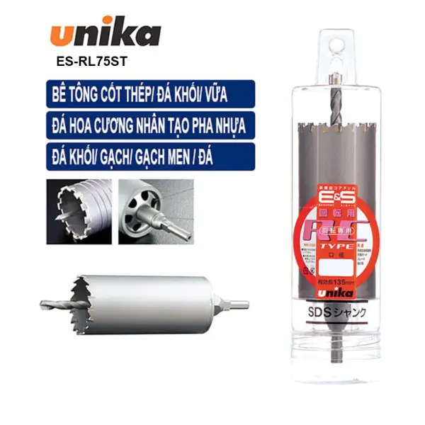 Mũi khoan rút lõi tường 75x200mm Unika ES-RL75ST (Chuôi trụ)