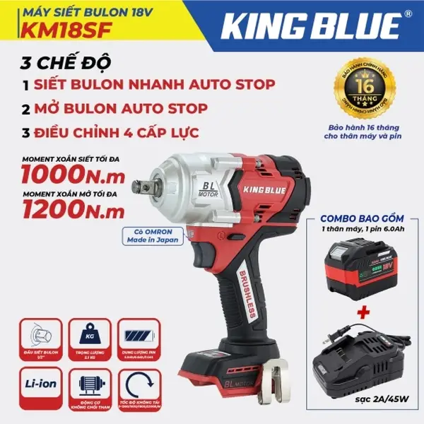 Thân máy siết bu lông 18V KM18SF (Combo Bao Gồm 1 Thân Máy, 1 Pin 18V - 6.0Ah, 1 Sạc 2A)
